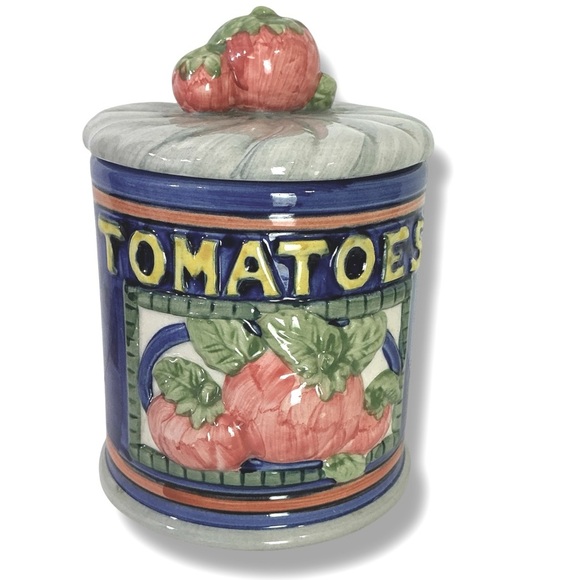 Vintage Canister Tomato Farmhouse Multipurpose Jar Ceramic Blue 3 Cup 5.25” Tall - Picture 2 of 16